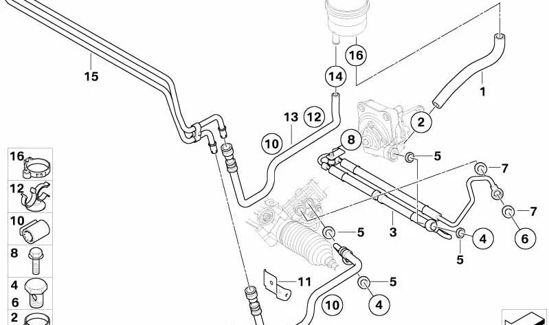 Tubo de retorno de dirección asistida OEM 32416796362 para BMW E85, E86. Original BMW.