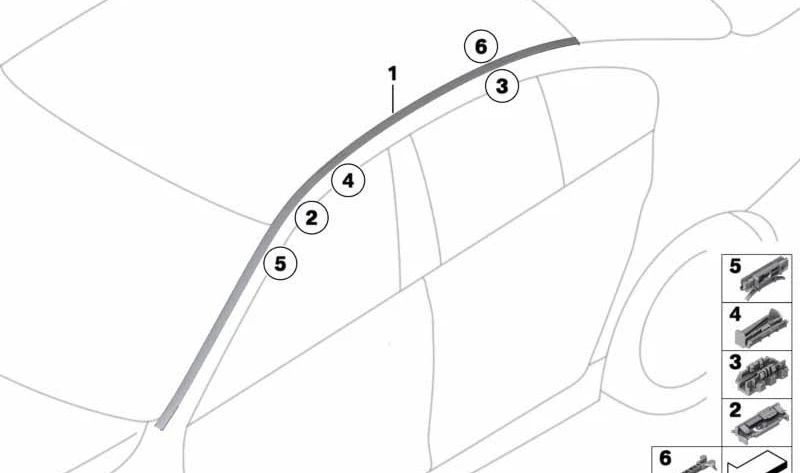 Toit droit moulé OEM 51137276308 pour BMW F18, F18N. Pièce extérieure originale BMW. Idéal pour le remplacement des moulures détériorées ou perdues.