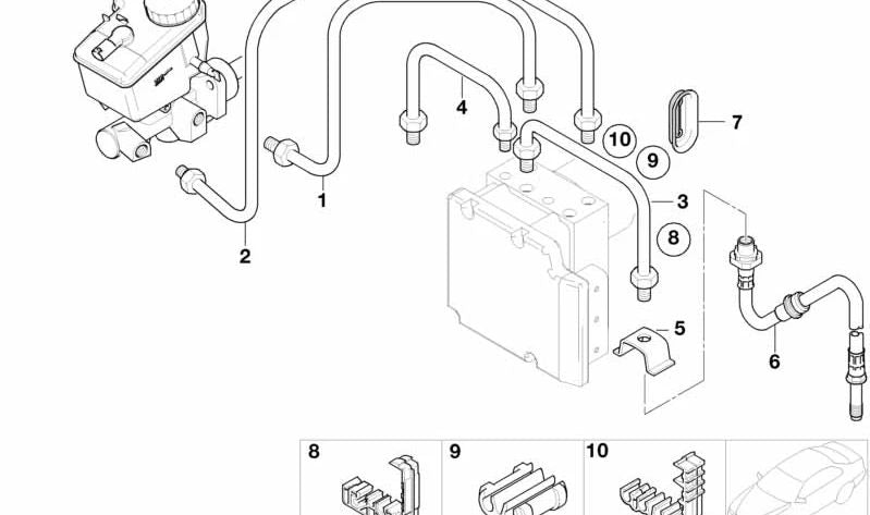 Soporte para 4 latiguillos de freno OEM 34301165471 para BMW E46 {316Ci, 316i} con distintos motores y transmisiones. Original BMW.