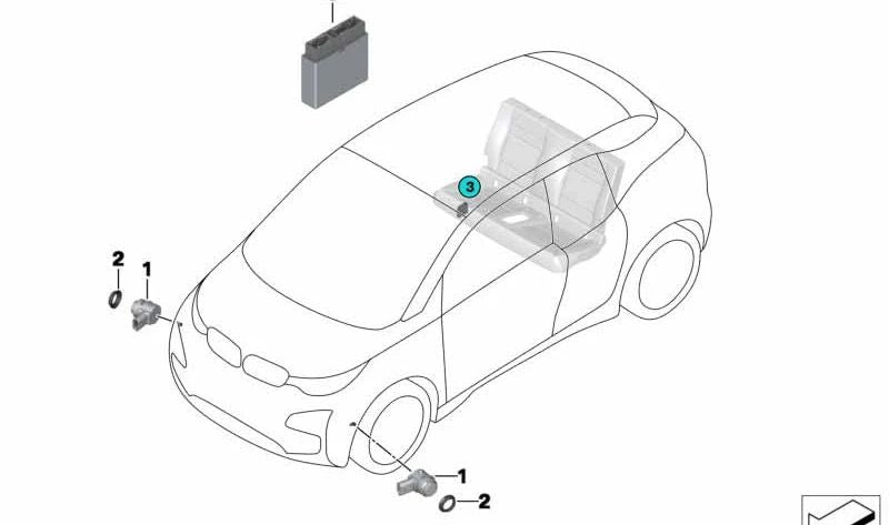 Sensor de aparcamiento ultrasónico color plata Andesit OEM 66209311259 para BMW i3 I01 {60Ah, 94Ah, 120Ah, Rex - compatible con modelos desde 2013 hasta 2022}. Original BMW.