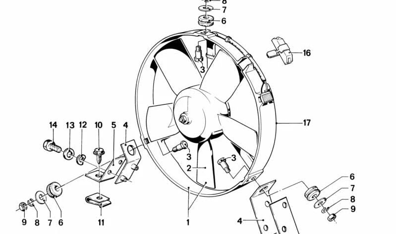 OEM 17401364639 Prise en charge de la fixation du ventilateur pour BMW E21 {E21 320, 323i} avec moteur M20. Pièce BMW originale.