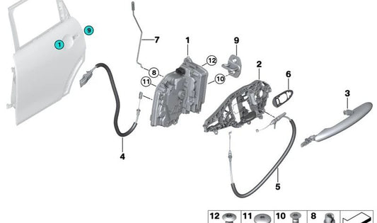 Cable Bowden empuñadura exterior puerta trasera OEM 51227331287 para MINI F55, F55 LCI, F65, Clubman F54, Clubman F54 LCI. Original MINI.
