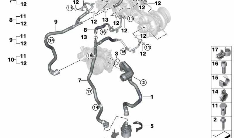 Tubería de refrigerante OEM 11539489936 para BMW G12 (cilindros 5-8). Conduce el refrigerante al turbo. Recambio original BMW.