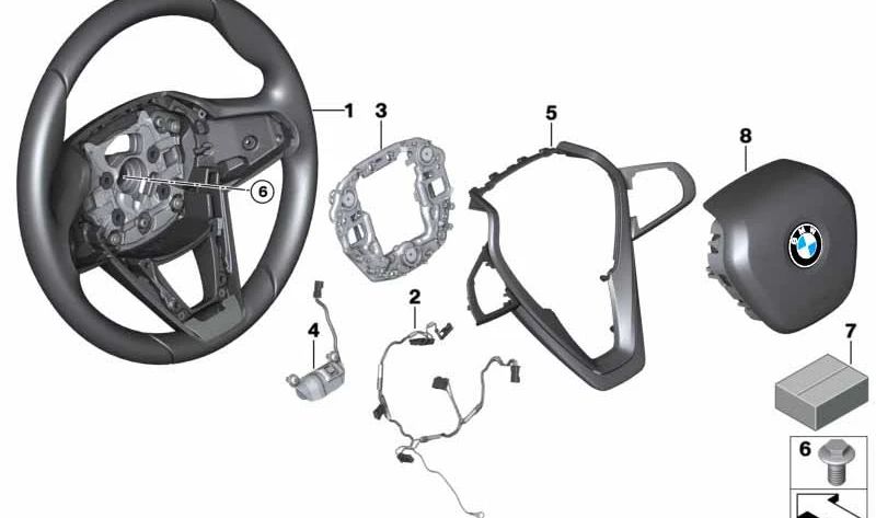 Roda de direção esportiva de couro OEM 32306871726 para BMW 7 G11 Series {725D, 730D, 730D XDRIVE, 730I, 740D XDRIVE} (2015-2019). BMW original sobressalente.