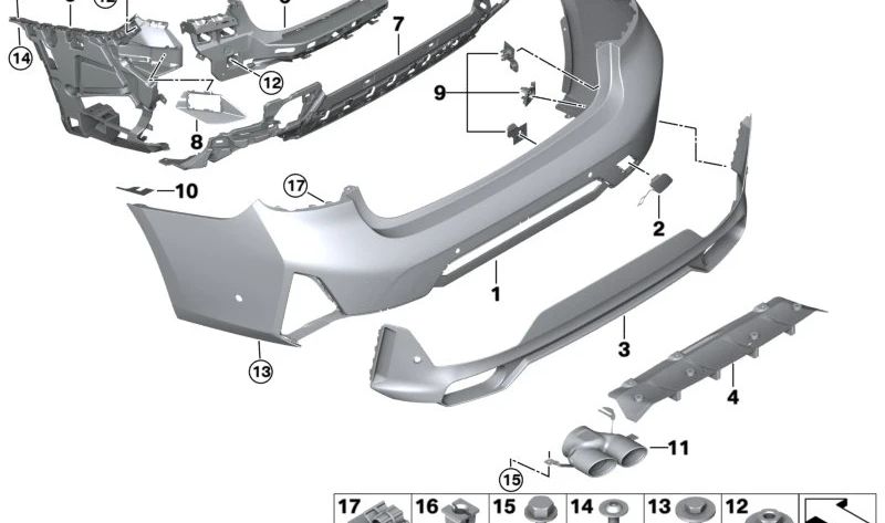 Soporte central izquierdo del parachoques trasero OEM 51125A1BF91 para BMW G20 316d, 318d, 318i. Original BMW.
