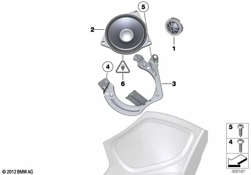 Soporte sistema de sonido derecho OEM 65139194390 para BMW Serie 5 GT (F07) 520d, 530d, 535d... y más. Original BMW.