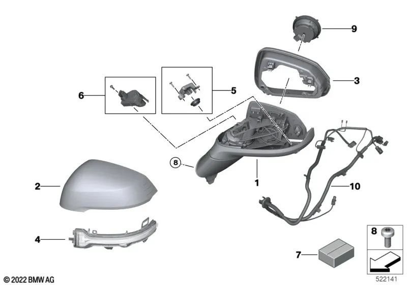 Espelho externo sem componentes, à direita para a série BMW 2 U06 (OEM 51165A2D154). BMW original.