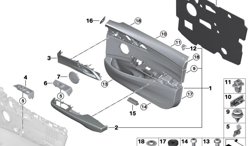 Tapa embellecedora interior puerta OEM 51422451620 para BMW F21, F21N, F52, F22, F22N, F23, F23N, F45, F45N, F46, F87, F87N, F30, F30N, F31, F31N, F35, F35N, F80, F80N, E89 y MINI F54, F54N, F55, F55N, F56, F56E, F56F, F56N, F57, F57N, F60, R60, R61.