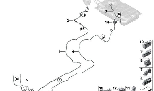 Tubo de alimentação de combustível frontal OEM 16127411602 para BMW G30, G31, G38, G32, G11, G12, G14, G15, G16. BMW original.
