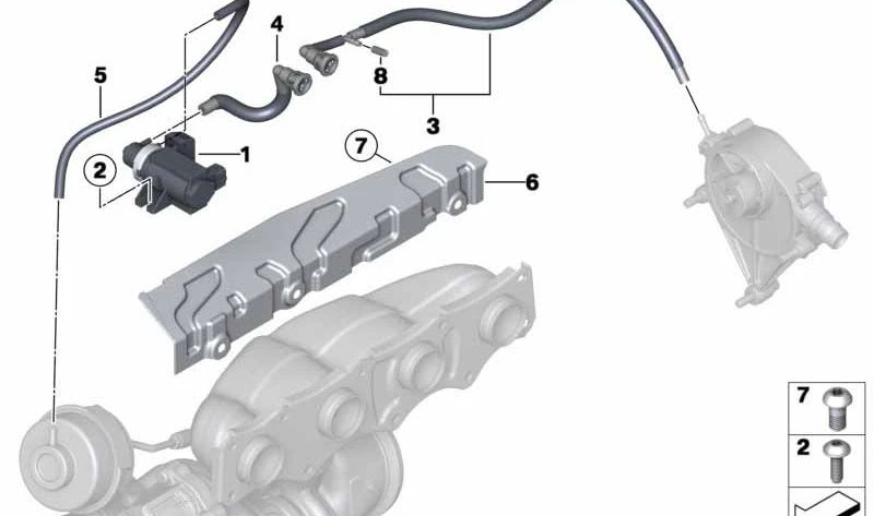 Tubo de vacío OEM 11657607727 para BMW F20, F21, F22, F30, F31, F34, F32, F33, F36, F07, F10, F11, F18, E84, F25, F26, E89. Original BMW.
