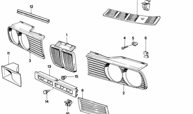 Grille décorative centrale OEM 51132233001 pour BMW E30 M3 (modèles: M31001, M31005, M31007). Compatible avec les versions de 1986 à 1990. BMW original.