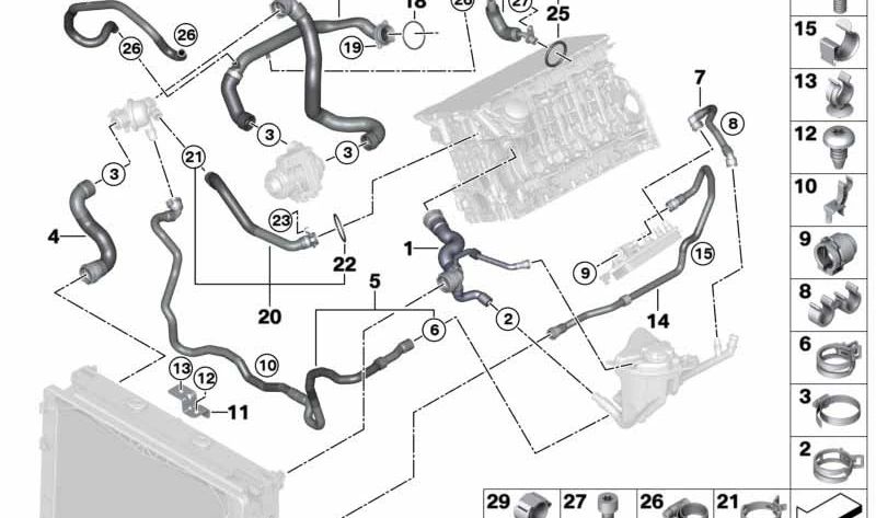 Manguera de refrigerante para BMW F06, F12, F13, F01N, F02N (OEM 11537605152). Original BMW