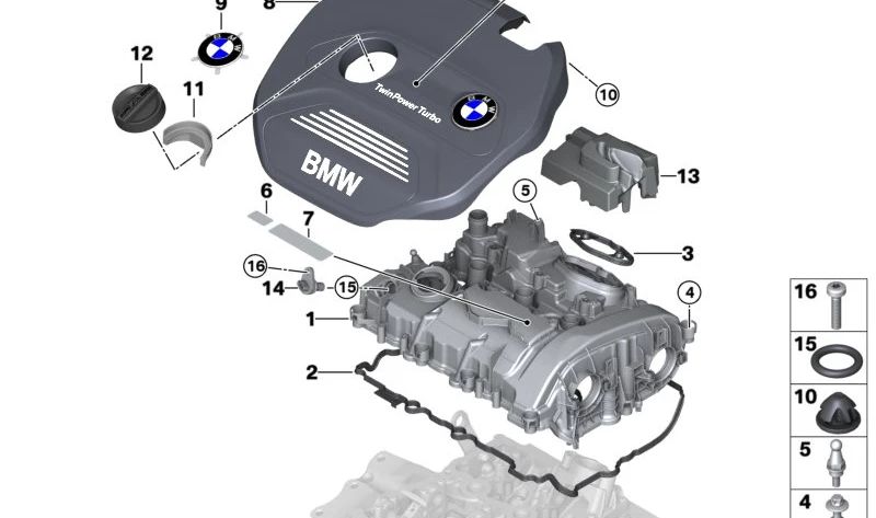 Cubierta acústica de culata OEM 11128604754 para BMW F45, F48, F39 (225xe, xDrive25e). Reduce ruido del motor y mejora el aislamiento. Original BMW.