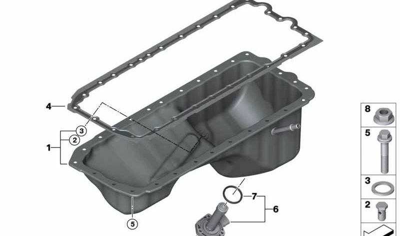 Oil pan for BMW 1 Series E87, 3 Series E90, E91, 5 Series E60, Z4 E85, E86 (OEM 11137539413). Original BMW
