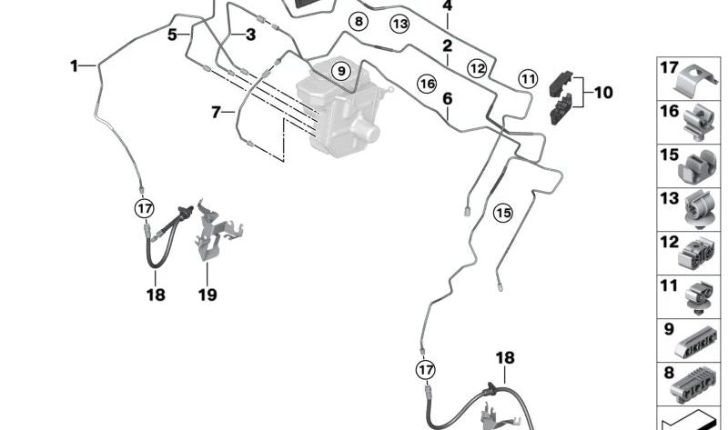 Left brake system support OEM 34308094233 for BMW M3 (G80) and M4 (G82, G83). Original BMW.