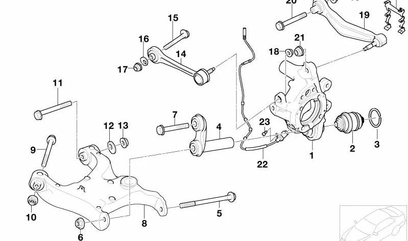 Suporte de junta traseira esquerda OEM 33326770905 para BMW E60, E60N. BMW genuíno.