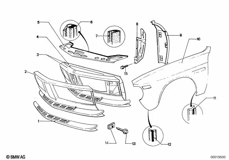 Tampa frontal esquerda para BMW F07, F10, F11, F06, F12, F13, F01N, F02N (OEM 51711813031). BMW original.