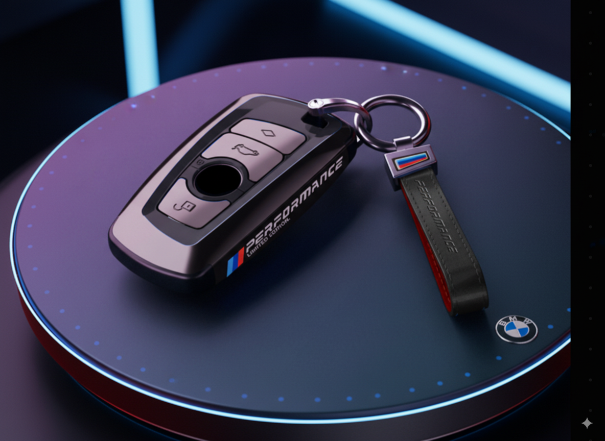 Funda de llave edición limitada ///Performance con llavero de piel para tu BMW.