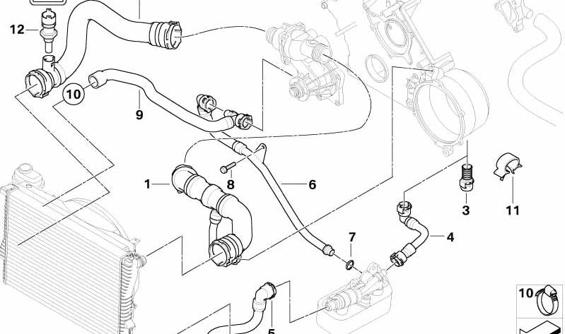 Manguera de refrigeración OEM 11531711381 para BMW E39 y E38 (modelos 535i, 540i con motor M62). Tubo del sistema de refrigeración. Original BMW.