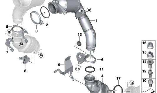 Catalyst support close to the OEM 18327619011 engine for BMW F07, F07N, F10, F10N, F11, F11N, F90, F90N, F06, F06N, F12, F12N, F13, F13N, F01, F01N, F02, F02N, G11, G12, G12, G70, F91, F93, E70, E70N, F15, F85, F95, E71, E72, F16, F86, F96. Original