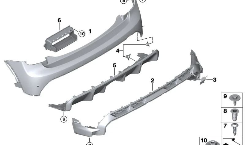 Revestimiento parachoques trasero inferior OEM 51125A3CAE0 para MINI F55 LCI Cooper S con PDC (03/2020–02/2024). Original MINI.