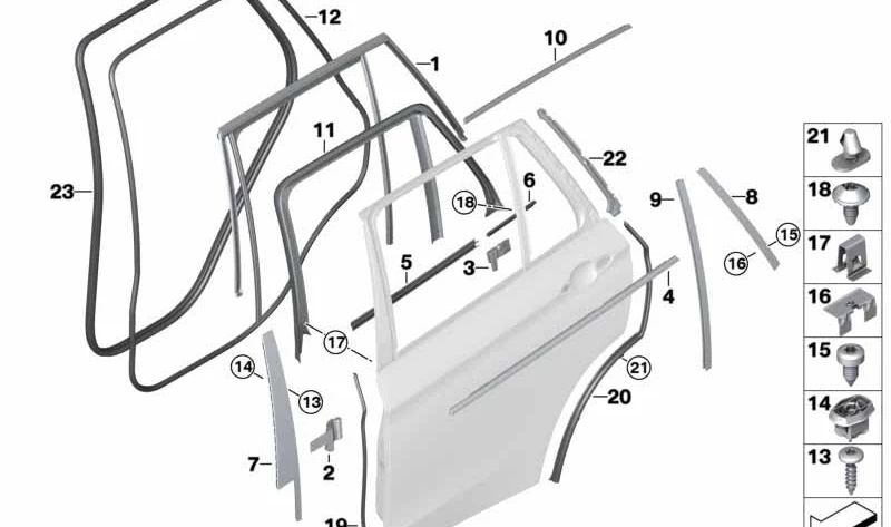 Rear Left Outer Door Channel Cover for BMW X5 F15, F85 (OEM 51227465923). Original BMW