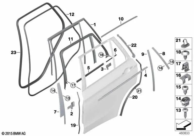 Sellado del pestillo de la puerta trasera derecha para BMW X5 F15, F85 (OEM 51357289674). Original BMW