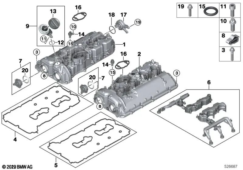 BMW Copertura della testata Serie 5 F90, F90N, Serie 8 F91, F92, F93, X5 F95, X6 F96 (OEM 11128699192). BMW originale