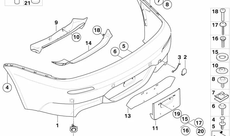 Printing rear bumper OEM 51127899501 for BMW E63 M6 and E64 M6. Compatible with M6 models from 2005 to 2010 with PDC sensors. Original BMW piece.