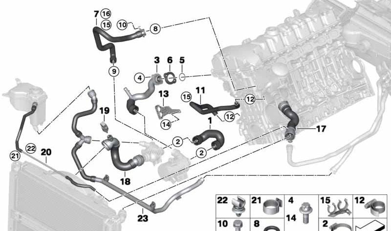 Tubería de retorno calefacción termostato OEM 17127548223 para BMW E81, E82, E87, E88, E90, E91, E92, E93. Original BMW.