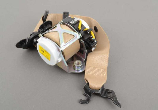 Cinturón seguridad delantero izquierdo con limitador fuerza OEM 72117226653 para BMW E90, E91. Color beige. Original BMW.