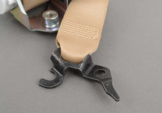 Cinturón seguridad delantero izquierdo con limitador fuerza OEM 72117226653 para BMW E90, E91. Color beige. Original BMW.