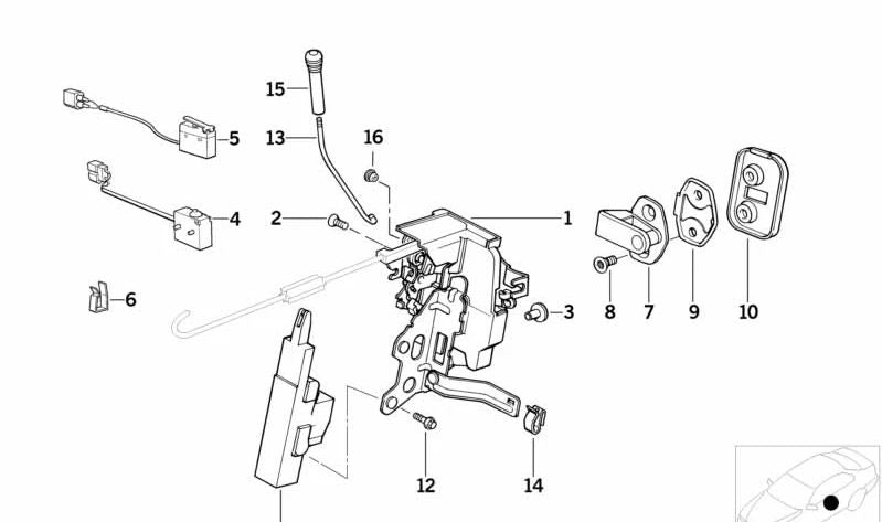 Cierre de puerta delantero izquierdo OEM 51211970045 para BMW Serie 8 E31 {840Ci, 840i, 850CSi}. Original BMW.