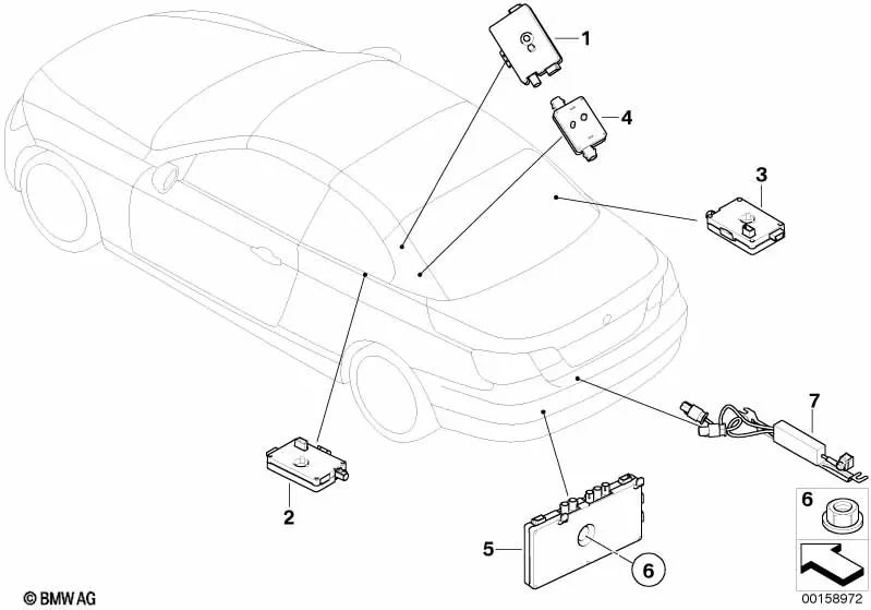 Right AM/FM antenna amplifier for BMW E93, E93N (OEM 65206968650). Original BMW.
