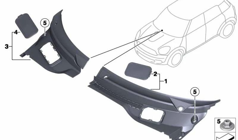 Cubierta rejilla parabrisas izquierda OEM 51719808095 para MINI R60, R61, F54, F55, F56, F57, F60. Pieza original MINI.