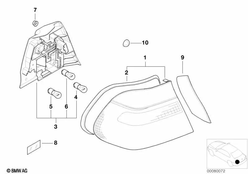 Piloto trasero lateral izquierdo blanco para BMW Serie 3 E46 (OEM 63218383825). Original BMW.