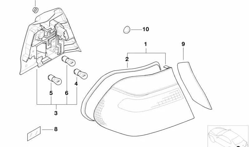 Porta lámparas trasero derecho LED OEM 63217165974 para BMW E46. Repuesto original BMW.