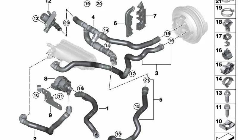 Soporte para manguera OEM 17128611440 para BMW i8 {I12,I15} y MINI Cooper SE {F56}. Compatible con modelos híbridos y eléctricos. Original BMW y MINI.