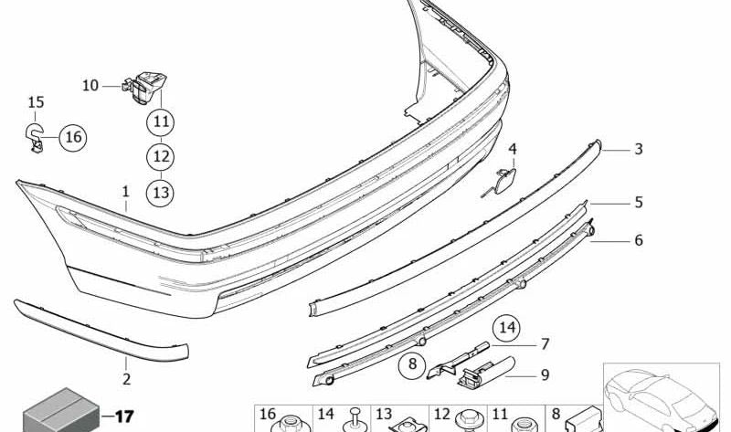 Embelações inferiores centrais 51122492229 para BMW E46. Peça original da BMW, ideal para substituir a moldagem central inferior do para -choque traseiro. Compatibilidade garantida para todos os modelos BMW E46.