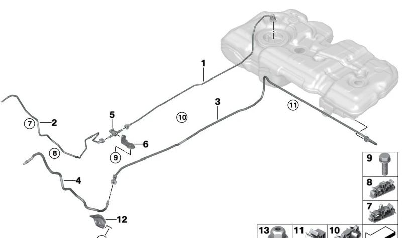Tubo de alimentación de combustible OEM 16128742446 para BMW U06, U11, U10 y MINI U25. Original BMW y MINI.