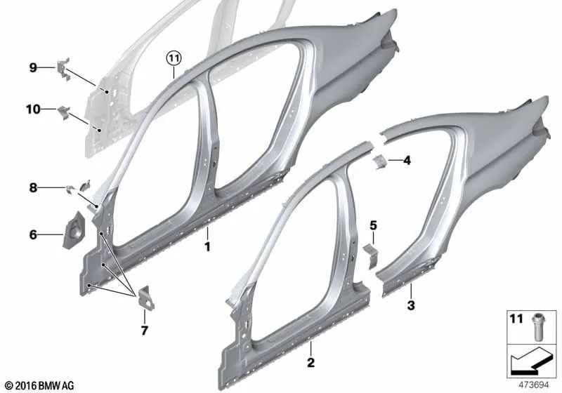 Chapa de refuerzo montante C derecho OEM 41007437600 para BMW Serie 5 F90 M5, G30, G30 LCI. Original BMW.