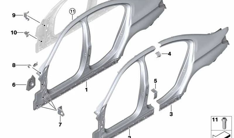 Chapa refuerzo pilar trasero izquierdo OEM 41007437599 para BMW F90, F90N, G30, G30N. Pieza original BMW.