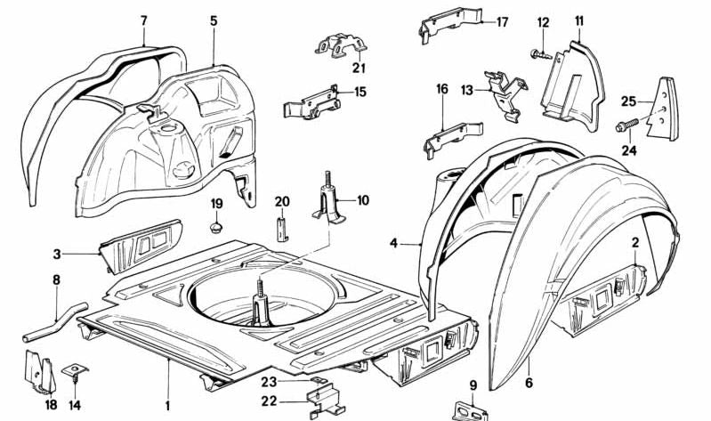 Aleta interior trasera derecha OEM 41141945714 para BMW E30. Original BMW.