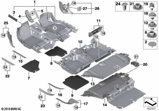 Vassoio portaoggetti per piastra tallone sinistra OEM 51477360297 per BMW Serie 2 F46 Gran Tourer, F46 Gran Tourer LCI. BMW originale.