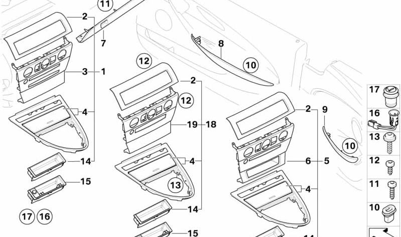 Embellecedor central consola birke beige OEM 51167073647 para BMW E63 y E64 (630i, 635d, 645Ci) con cambio manual o automático. Compatible con modelos 2003-2010. Original BMW.
