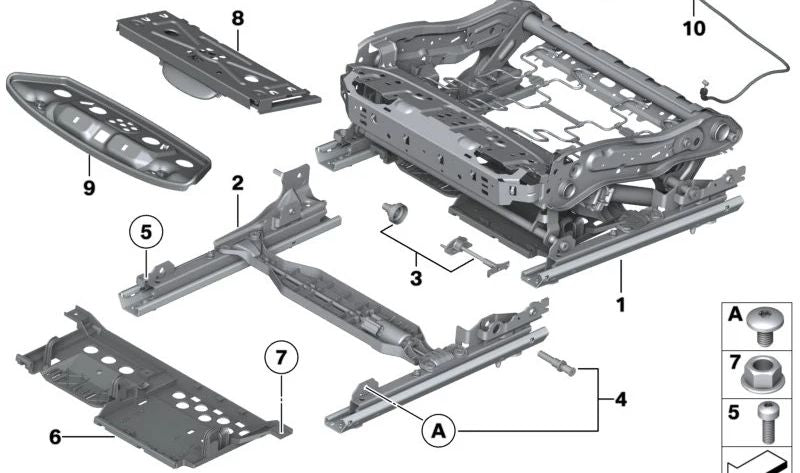 Estructura asiento confort izquierdo OEM 52107266341 para BMW F07, F10, F11, F01, F02, F04. Repuesto original BMW.