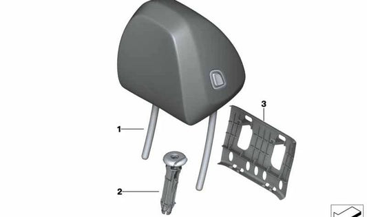 Black leather headrest OEM 52108074761 for BMW X3 G01 and X4 G02 (M40D and M40I models). Compatible with vehicles made between 2017 and 2021. Original BMW spare.