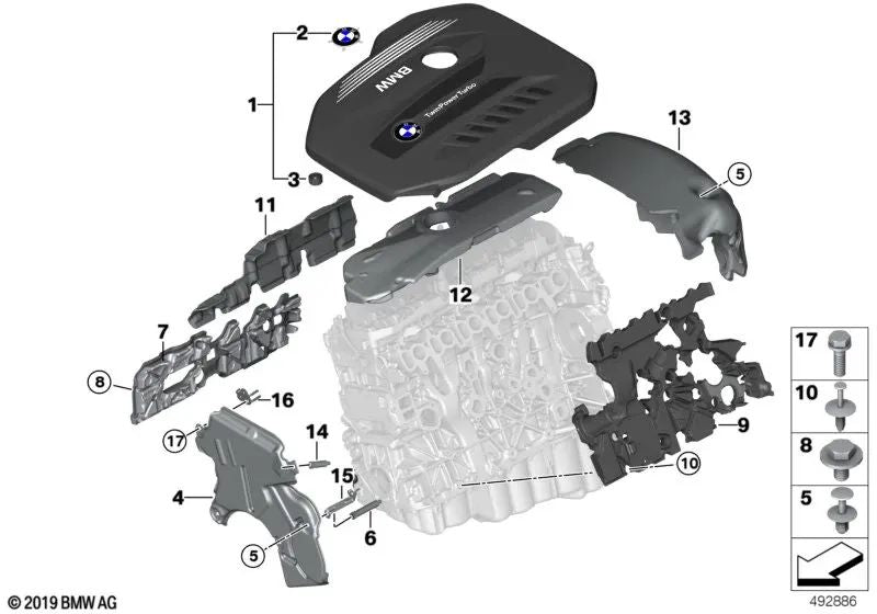 Tampa do motor para BMW G20, G21, G30, G31, G32, G11, G12, G01, G02, G05, G06, G07 (OEM 11148571320). BMW original