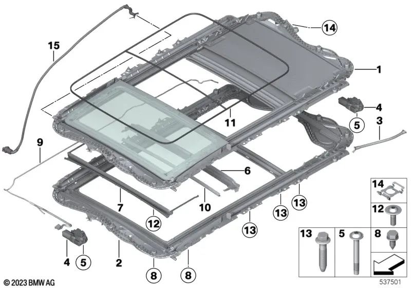 Electric panoramic glass roof OEM 54107342867 for BMW 3 Series F31, F31 LCI. Genuine BMW.