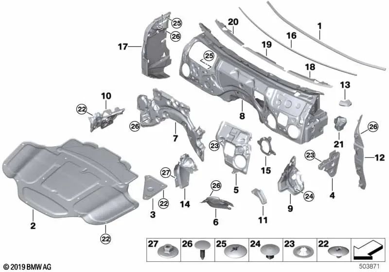 Insonorización pasarruedas derecho OEM 51487462222 para BMW G14, F91, G15, F92, G16, F93. Original BMW.